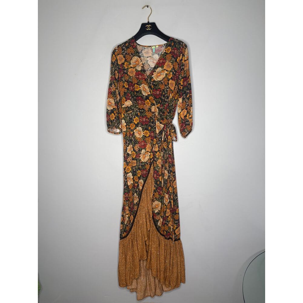 Farm Rio Madrid Floral Brown Wrap Maxi Dress Women's Size XS